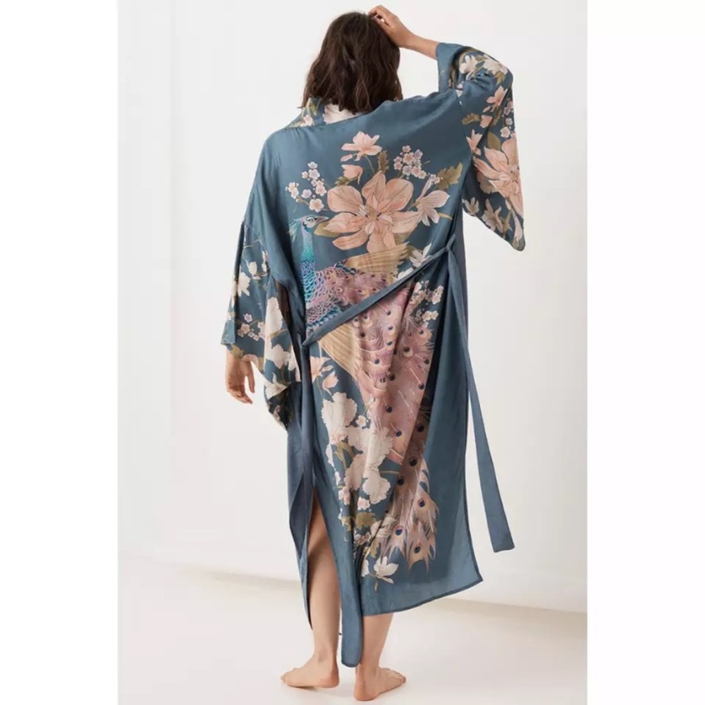 SOLD OUT Blue Floral Bohemian Peacock Kimono Duster Robe - Picture 2 of 7